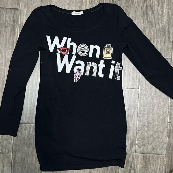 Black long sleeve dress with "When Want It" design. - Picture 1 of 5